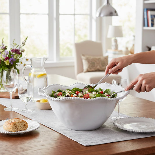 Mellow Monkey VIDA Alegria large white melamine serving bowl with beaded rim, perfect for salads or fruit.