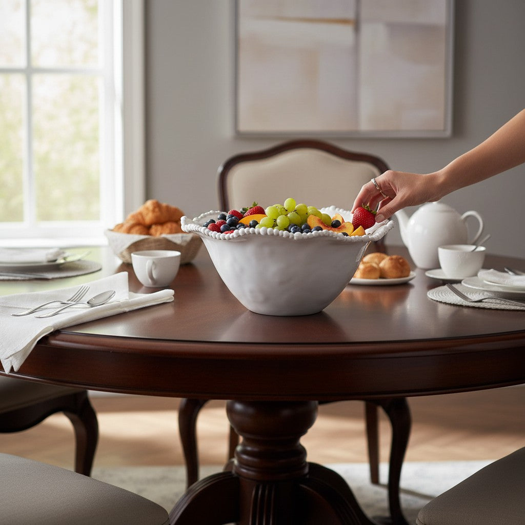 Mellow Monkey VIDA Alegria large white melamine serving bowl with beaded rim, perfect for salads or fruit.