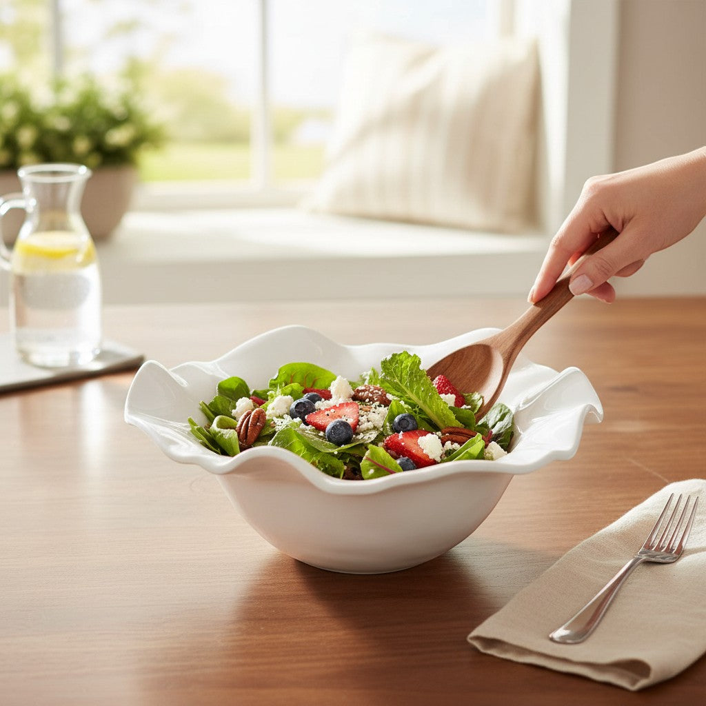 Mellow Monkey VIDA Havana Large Bowl, white melamine, 15-inch, with ruffled edge, serving salad.