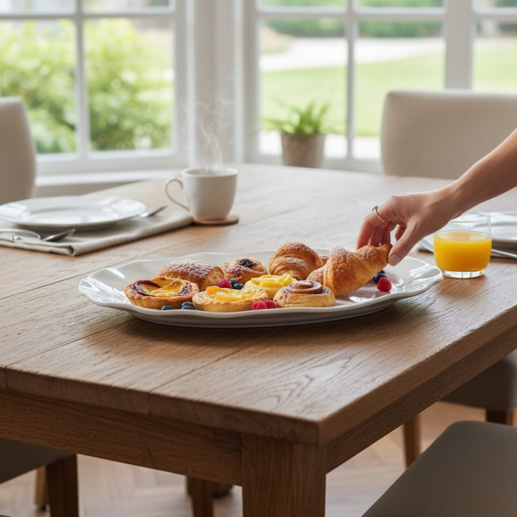 Mellow Monkey VIDA Havana Oval Tray in white, made of luxury melamine, serving pastries and fruit on a wooden table.