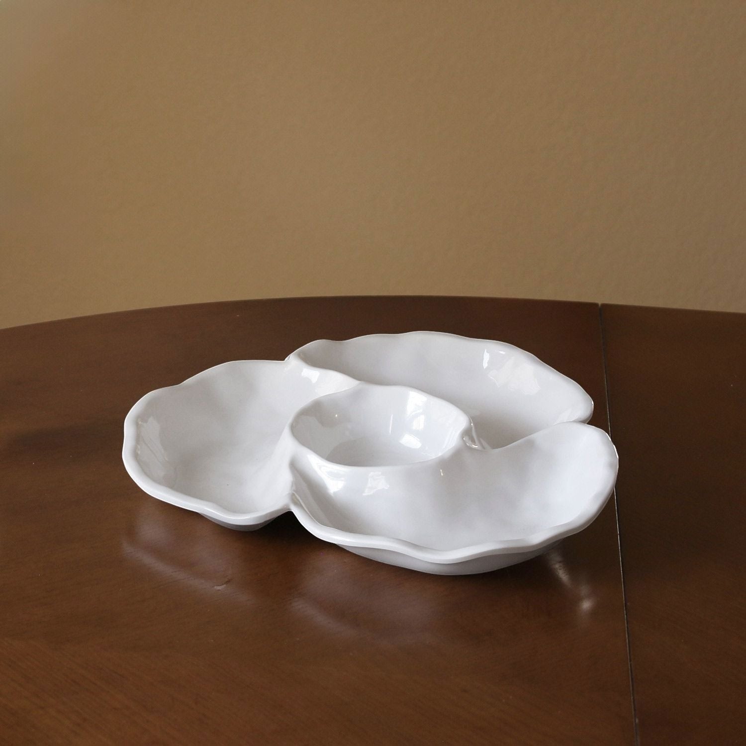 Mellow Monkey VIDA Havana Triple Dip white melamine serving dish with organic shapes, 12 inches.