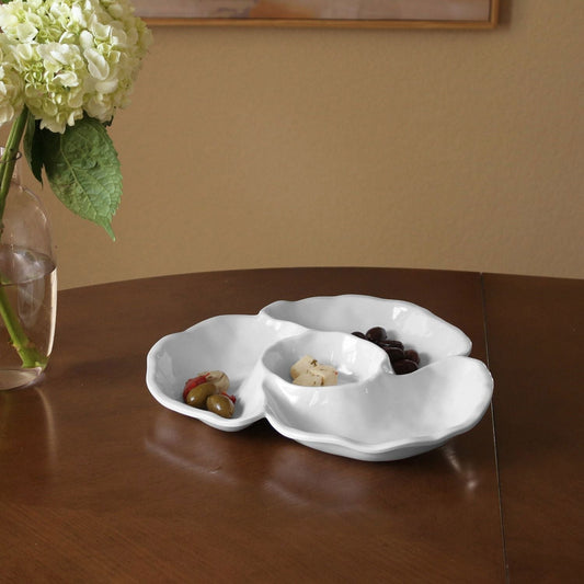 Mellow Monkey VIDA Havana Triple Dip serving dish in white melamine, featuring three organically shaped compartments for dips and garnishes.