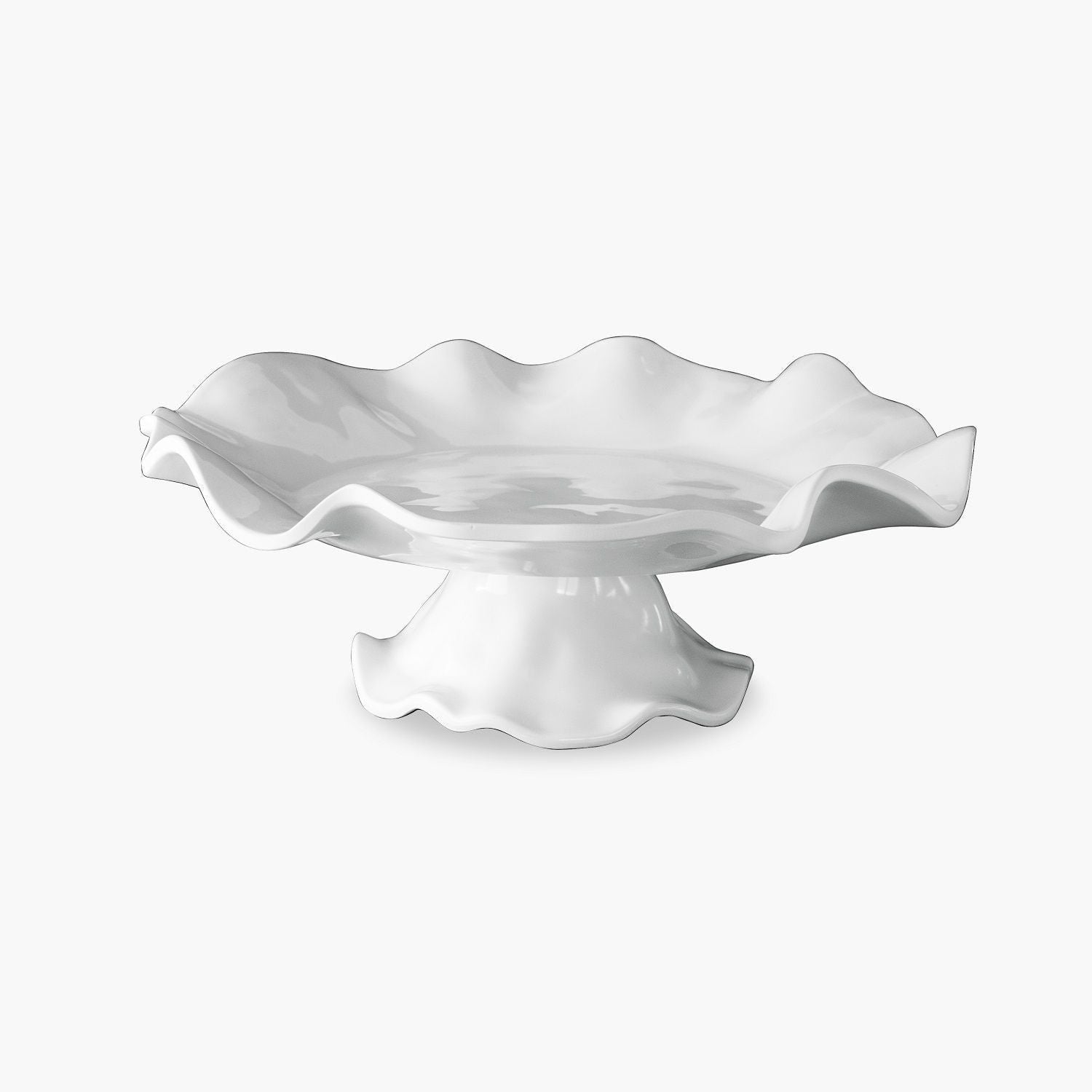 Mellow Monkey VIDA Havana white pedestal cake plate with ruffled edge, 14-inch diameter, made of luxury melamine.