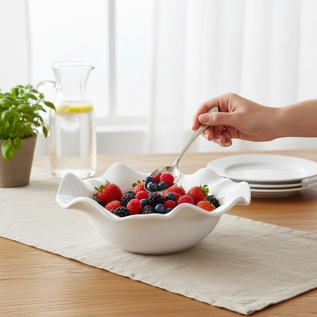 Mellow Monkey VIDA Havana Medium Bowl in white, made of BPA-free melamine, with a ruffled edge, filled with mixed berries.
