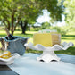Mellow Monkey VIDA Havana white pedestal cake plate with a yellow cake and champagne bucket outdoors.