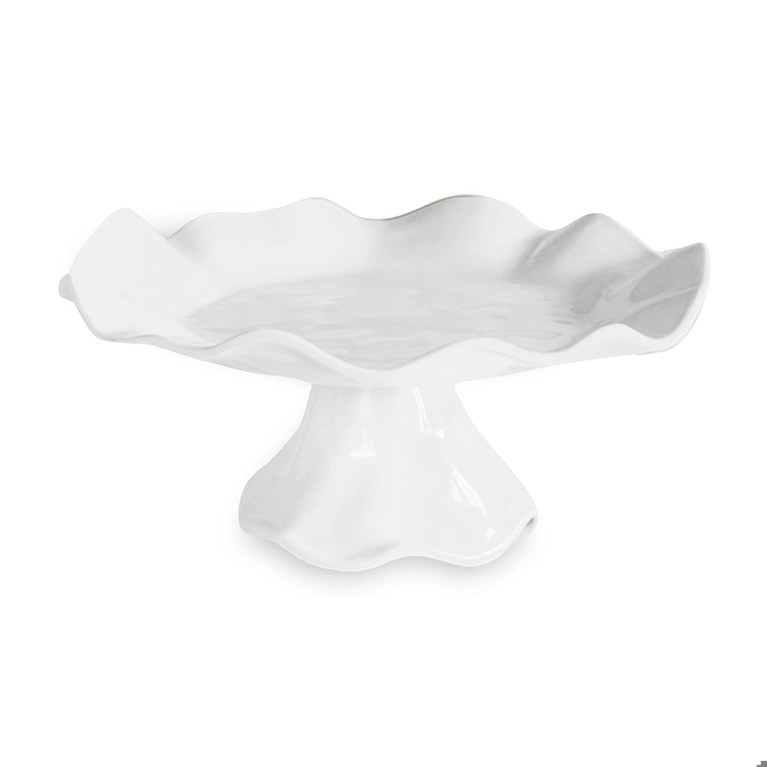 Mellow Monkey VIDA Havana white melamine pedestal cake plate with ruffled edge, 10.5in. Twist-off pedestal for easy storage.