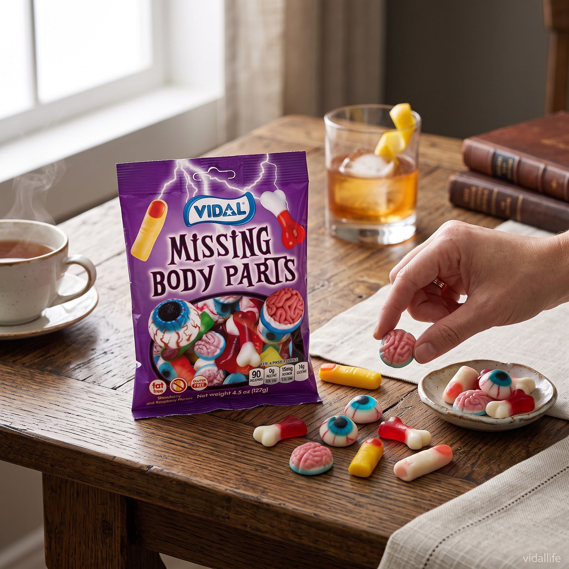 Mellow Monkey Vidal gummy missing body parts candy in a purple bag with assorted eyeball, finger, and brain shapes.