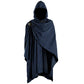 Mellow Monkey navy blue medieval Viking cloak with a hooded design and decorative metal brooch for cosplay.