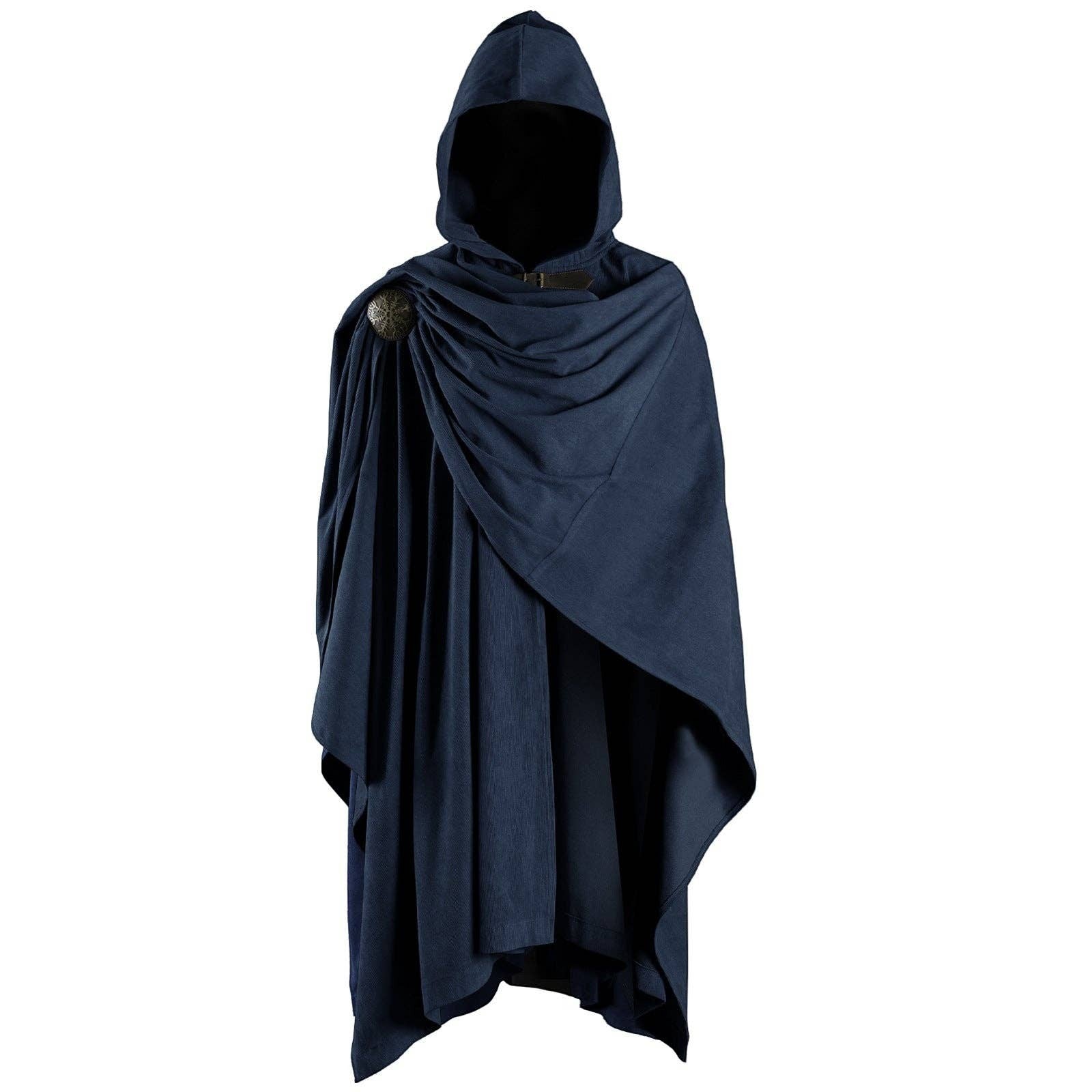 Mellow Monkey navy blue medieval Viking cloak with a hooded design and decorative metal brooch for cosplay.