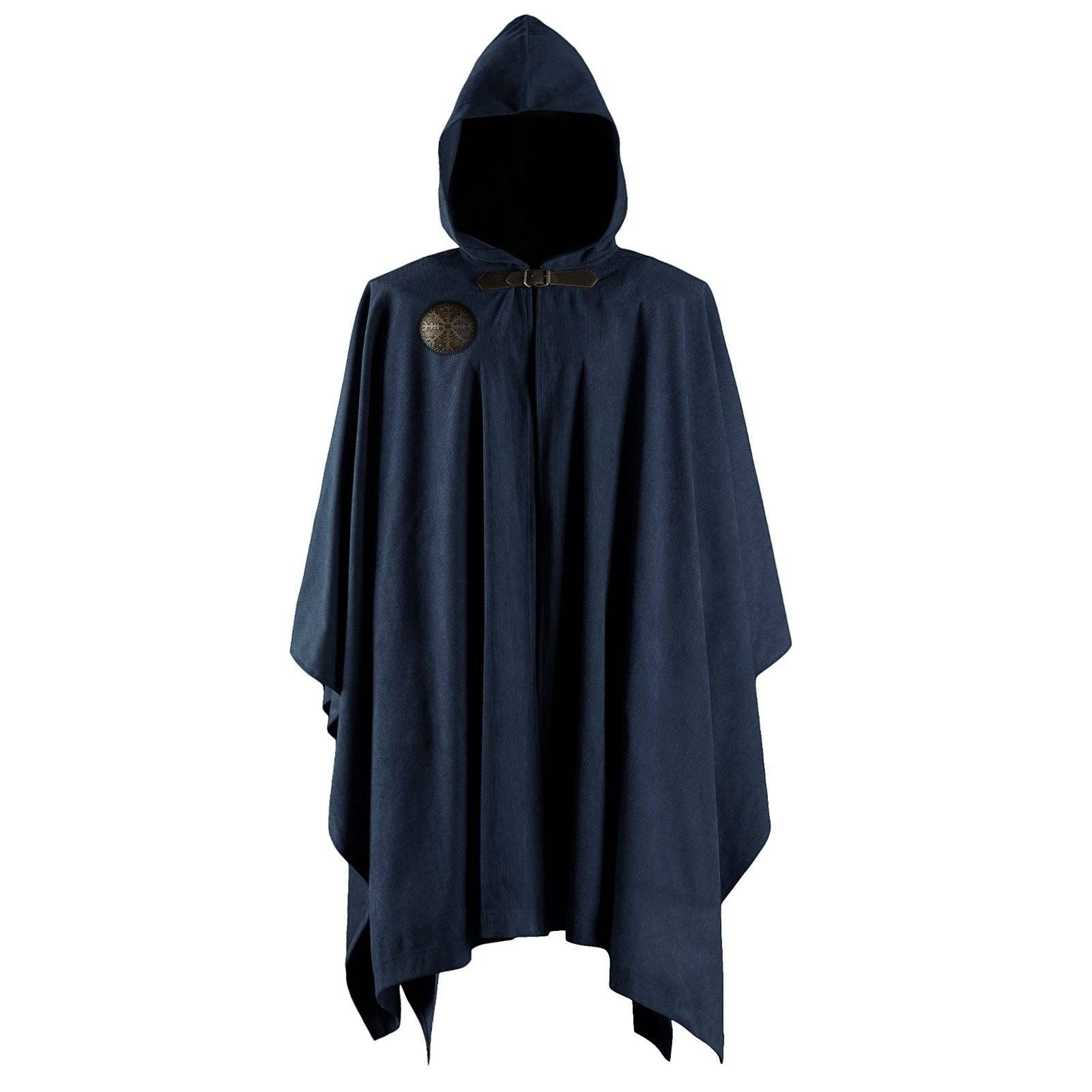 Mellow Monkey navy blue hooded Viking cloak with a decorative brooch and leather buckle for medieval cosplay.