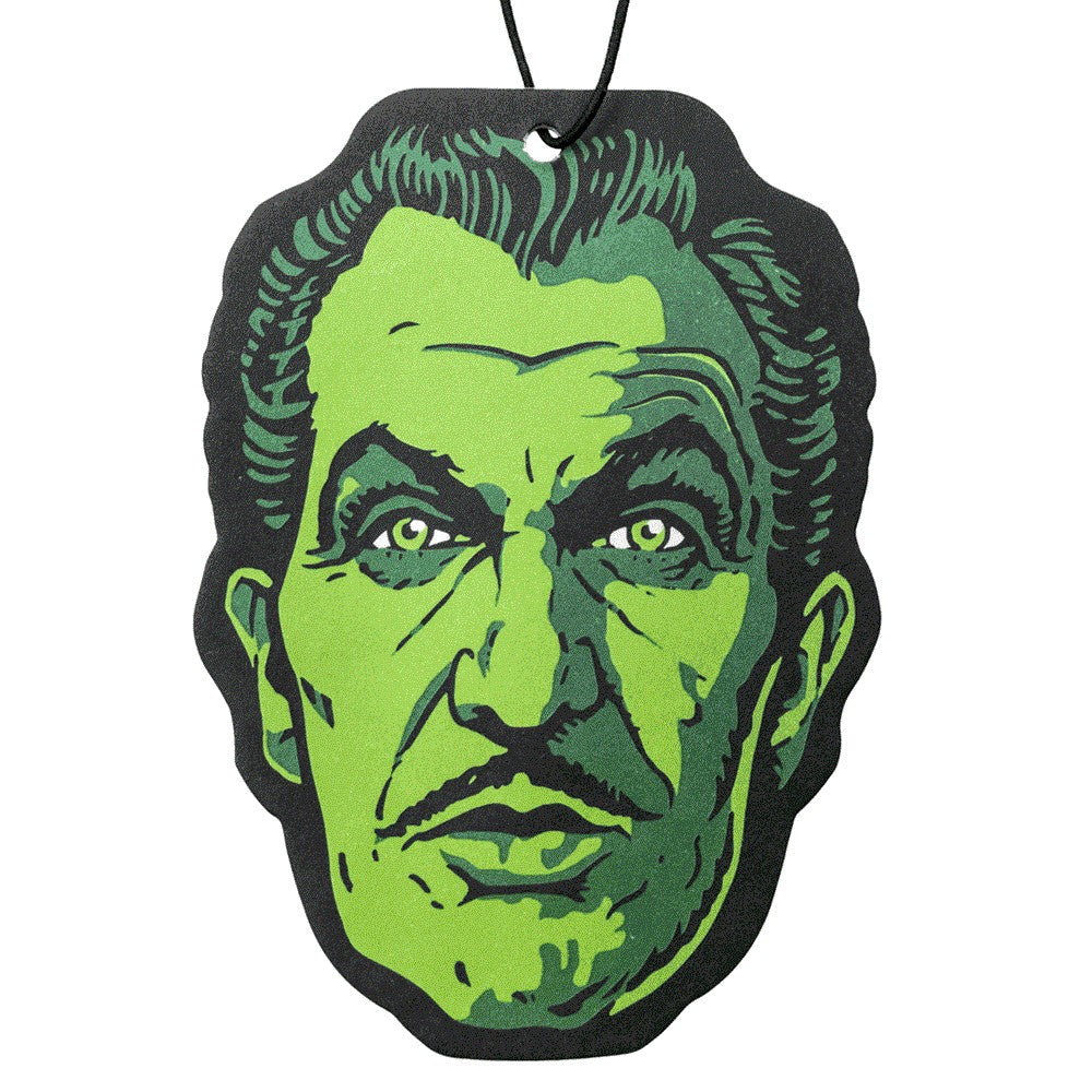 Mellow Monkey Vincent Price glow-in-the-dark air freshener with Seance Cider scent and gothic horror portrait art.