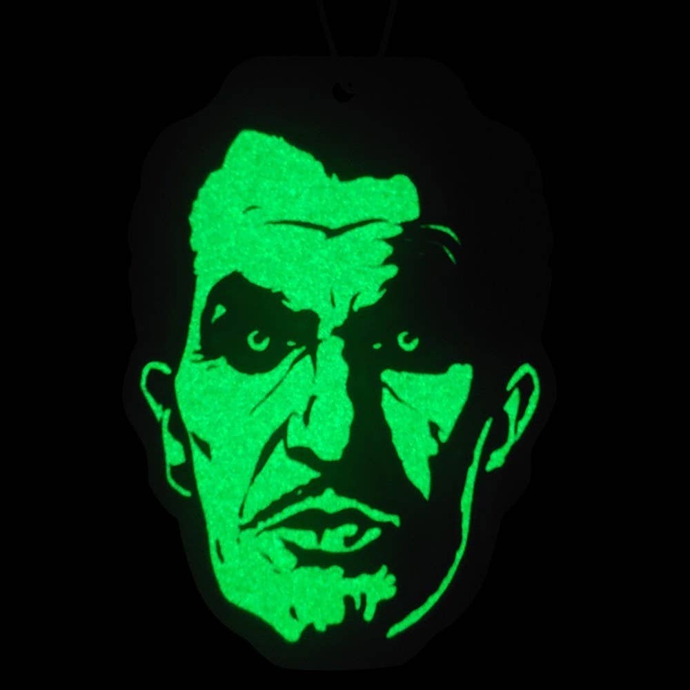 Mellow Monkey Vincent Price glow-in-the-dark air freshener with Seance Cider scent and gothic horror artwork.