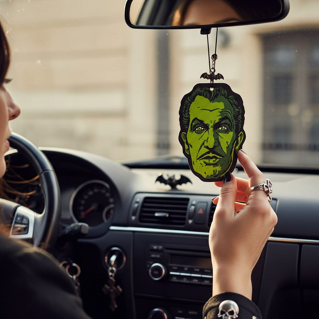 Mellow Monkey Vincent Price glow-in-the-dark air freshener hanging from a car rearview mirror with bat charm.