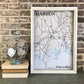 Mellow Monkey vintage Darien Connecticut map circa 1893, framed in whitewash reclaimed wood shadowbox. Map details roads, topography, and coastline.