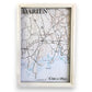 Mellow Monkey vintage Darien Connecticut map circa 1893, framed in whitewash reclaimed wood shadowbox. Map details roads, topography, and coastline.