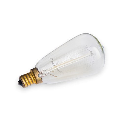 Mellow Monkey vintage style Edison light bulb with a clear glass teardrop shape and brass base on white background
