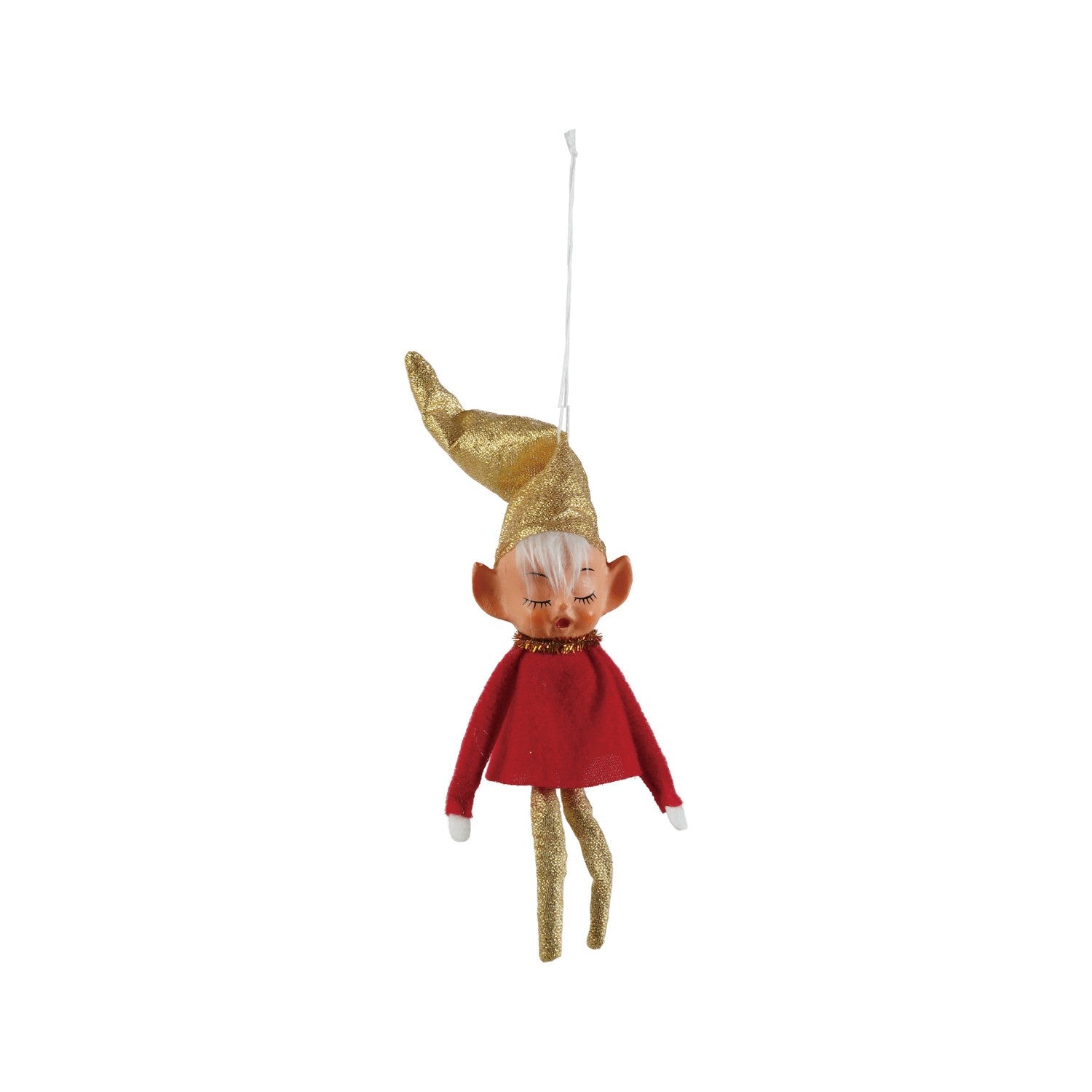 Mellow Monkey vintage-style elf ornament with a gold hat, red shirt, and gold leggings hanging against a white background