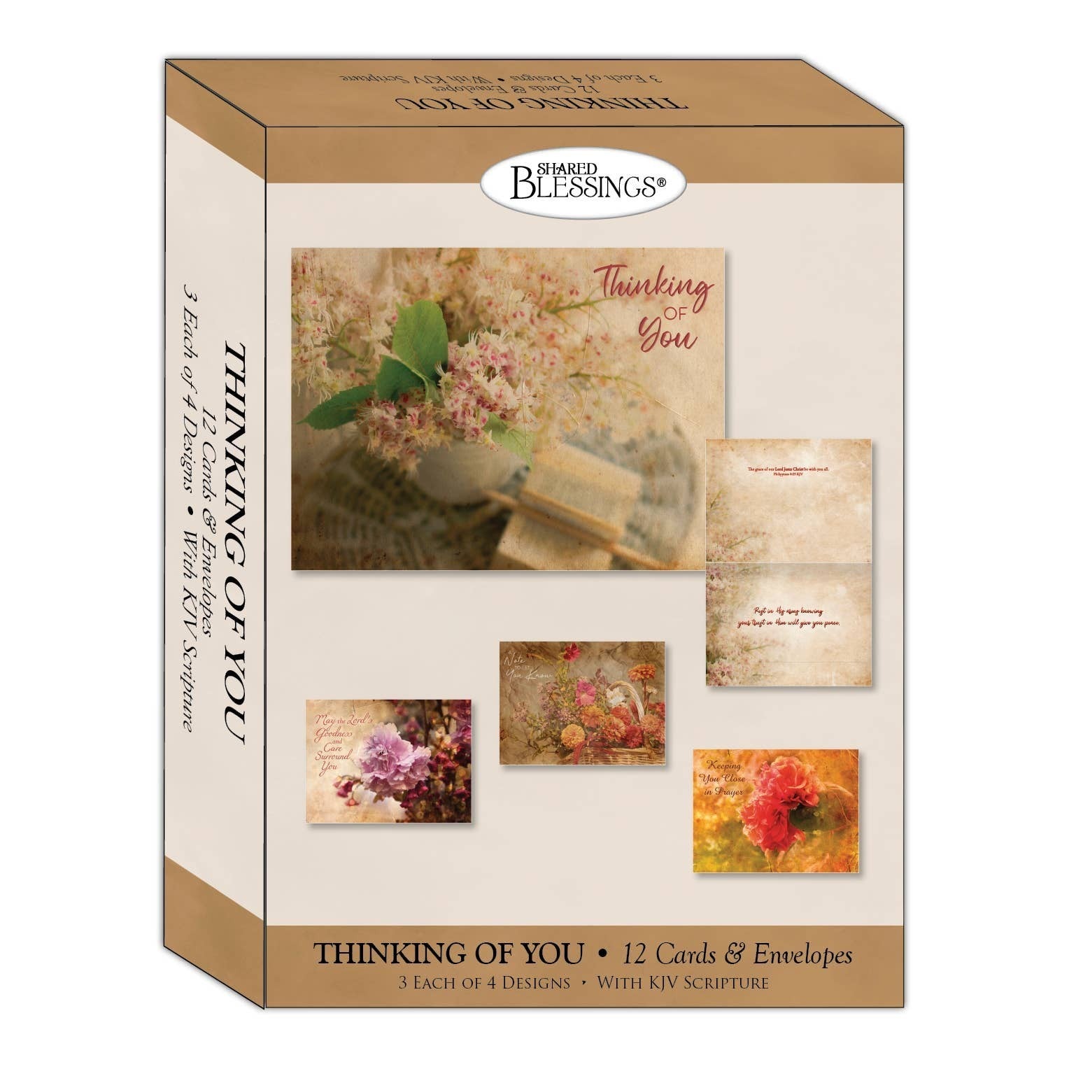 Mellow Monkey boxed set of 12 vintage floral Thinking of You greeting cards with KJV Scripture and envelopes.