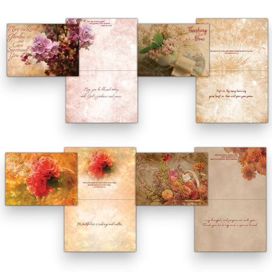 Mellow Monkey boxed greeting cards featuring vintage floral designs and KJV Scripture for encouragement and friendship.