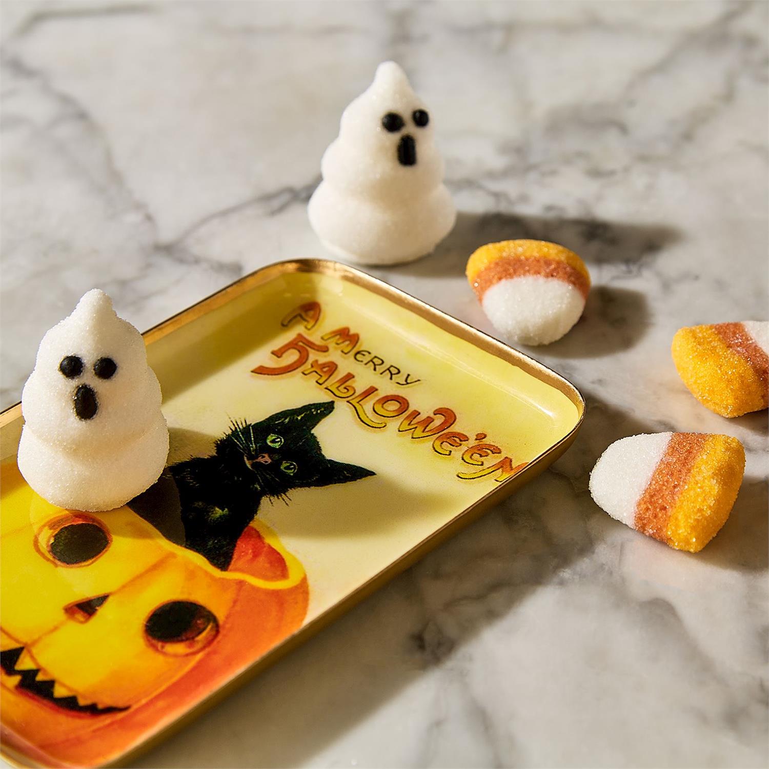 Mellow Monkey vintage Halloween metal tidbit tray featuring a black cat and jack-o-lantern with ghost marshmallow candy