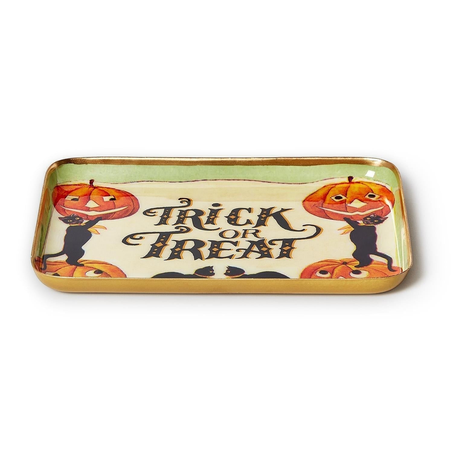 Mellow Monkey vintage-style Halloween metal tidbit tray featuring black cats, jack-o-lanterns, and Trick or Treat text