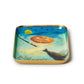 Mellow Monkey vintage Halloween metal trinket tray with enamel finish featuring a pumpkin-headed witch on a broom
