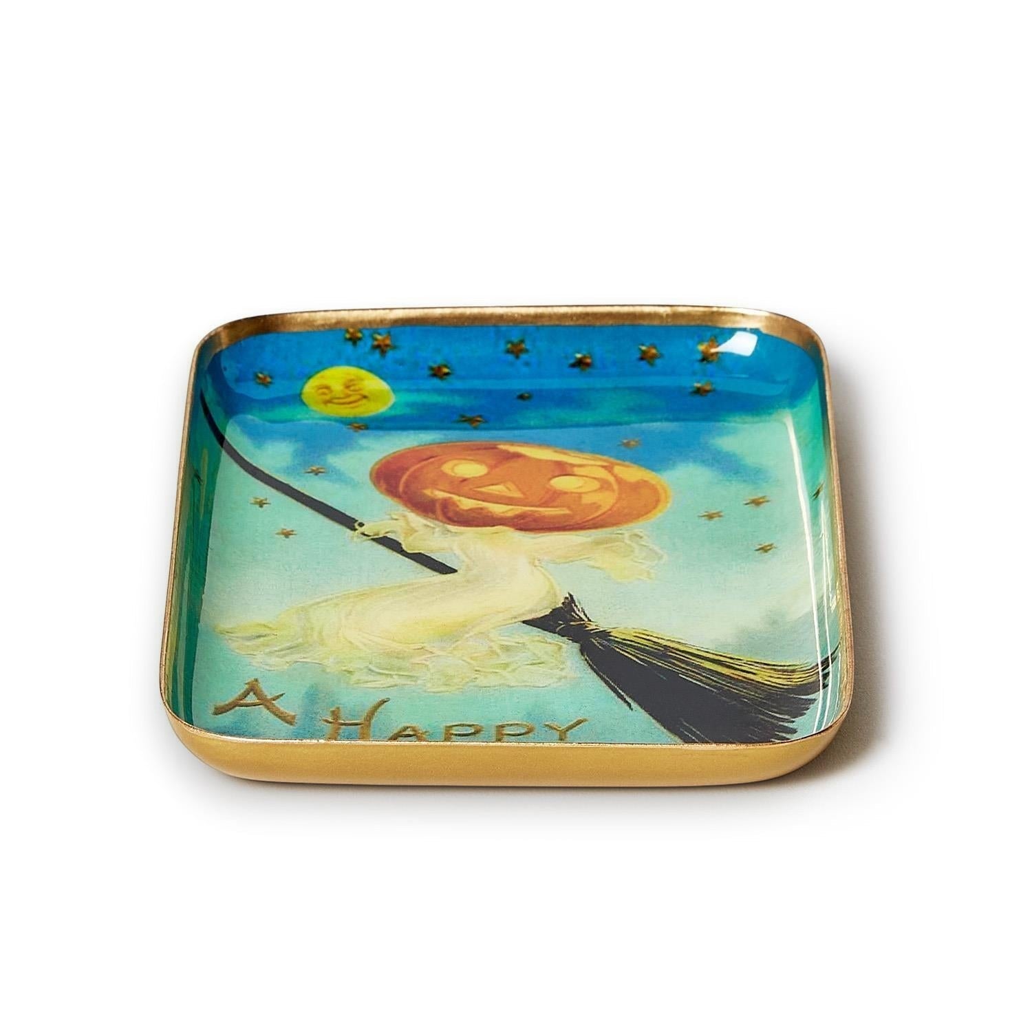 Mellow Monkey vintage Halloween metal trinket tray with enamel finish featuring a pumpkin-headed witch on a broom