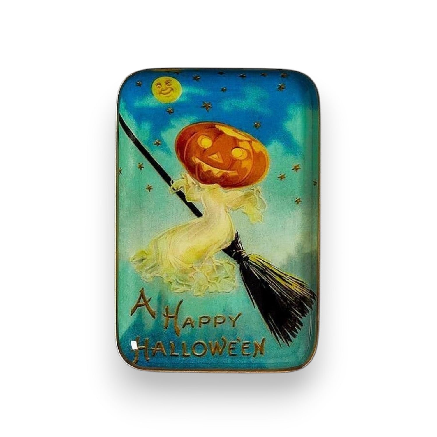Mellow Monkey set of three vintage-style Halloween metal trinket trays featuring black cats, witches, and pumpkins.