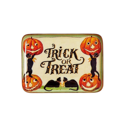 Mellow Monkey set of three vintage-style Halloween metal trinket trays featuring black cats, witches, and pumpkins.