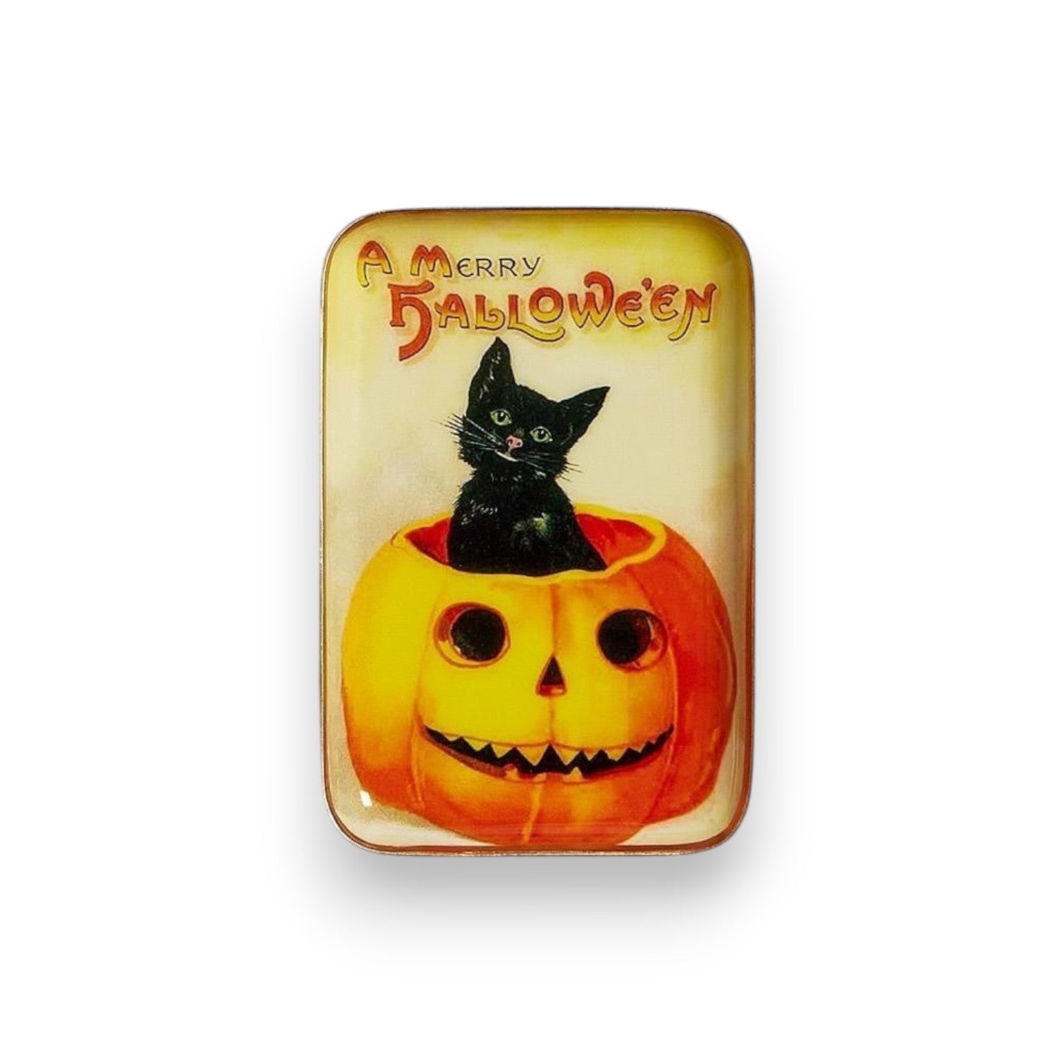 Mellow Monkey set of three vintage-style Halloween metal trinket trays featuring black cats, witches, and pumpkins.
