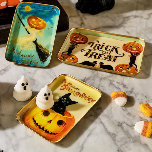 Mellow Monkey set of three vintage-style Halloween metal trinket trays with black cat, witch, and jack-o-lantern art.