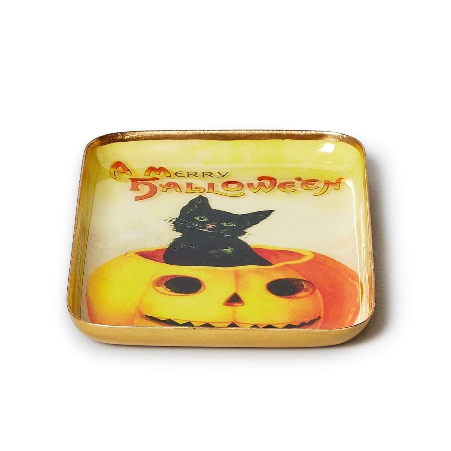 Mellow Monkey vintage-style metal trinket tray featuring a black cat in a jack-o-lantern with Merry Halloween text