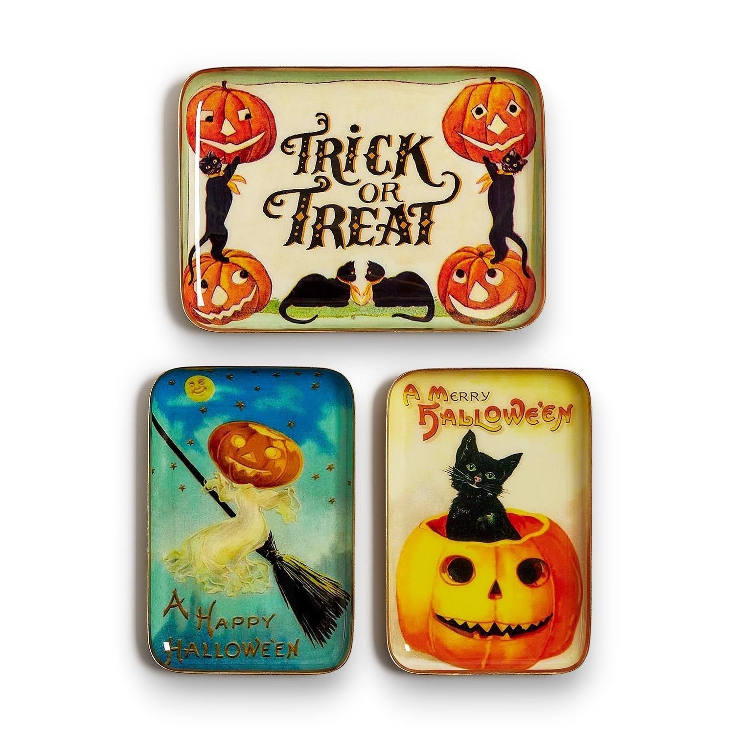 Mellow Monkey set of three vintage-style Halloween metal trinket trays featuring black cats, witches, and pumpkins.