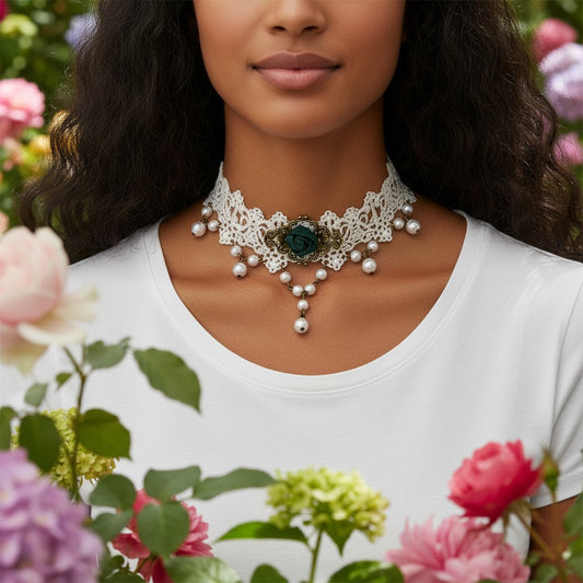 Mellow Monkey vintage white lace choker with imitation pearls and a dark green floral accent worn by a model.