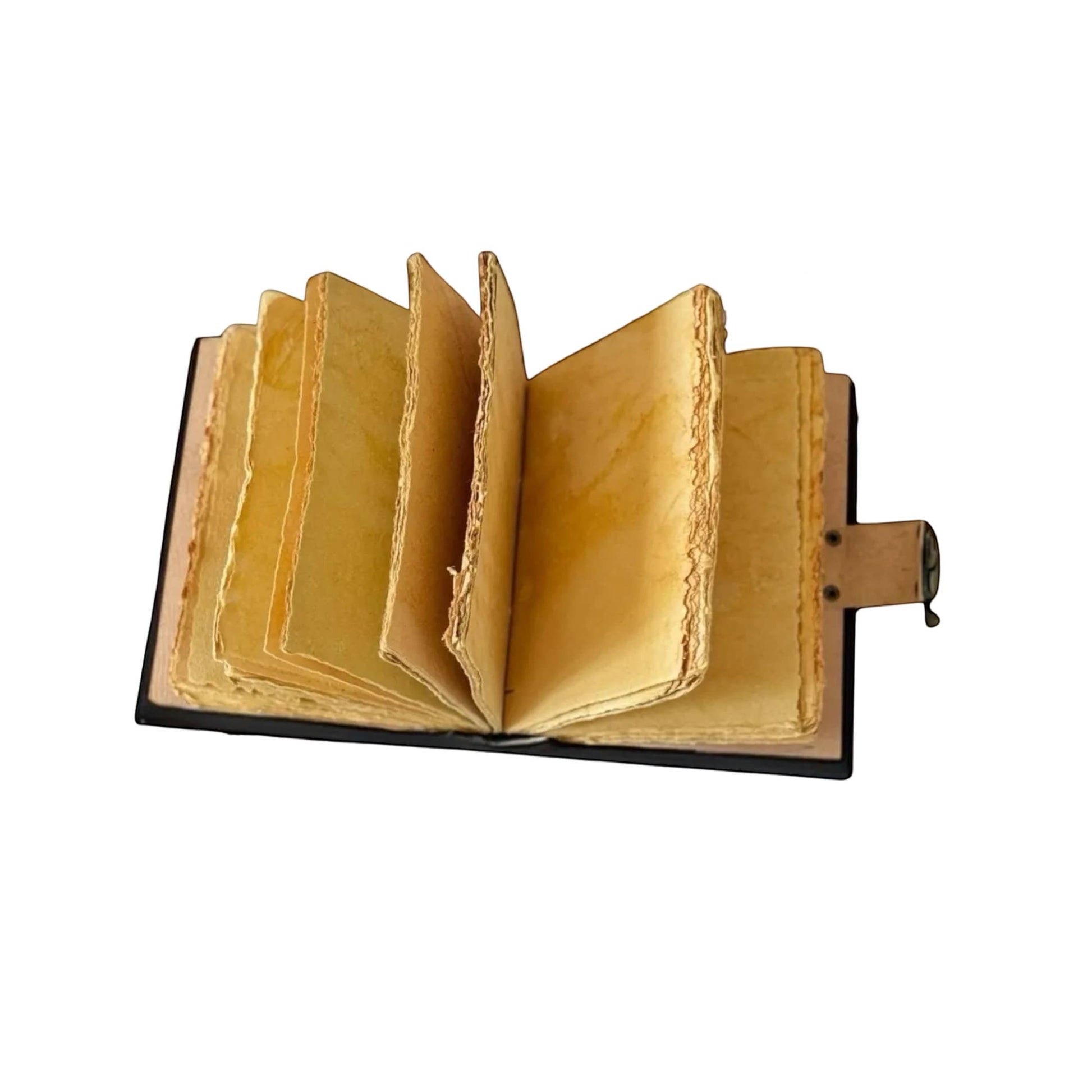 Mellow Monkey vintage brown leather spellbook with deckle edge paper, 5x7 inches, 200 pages.