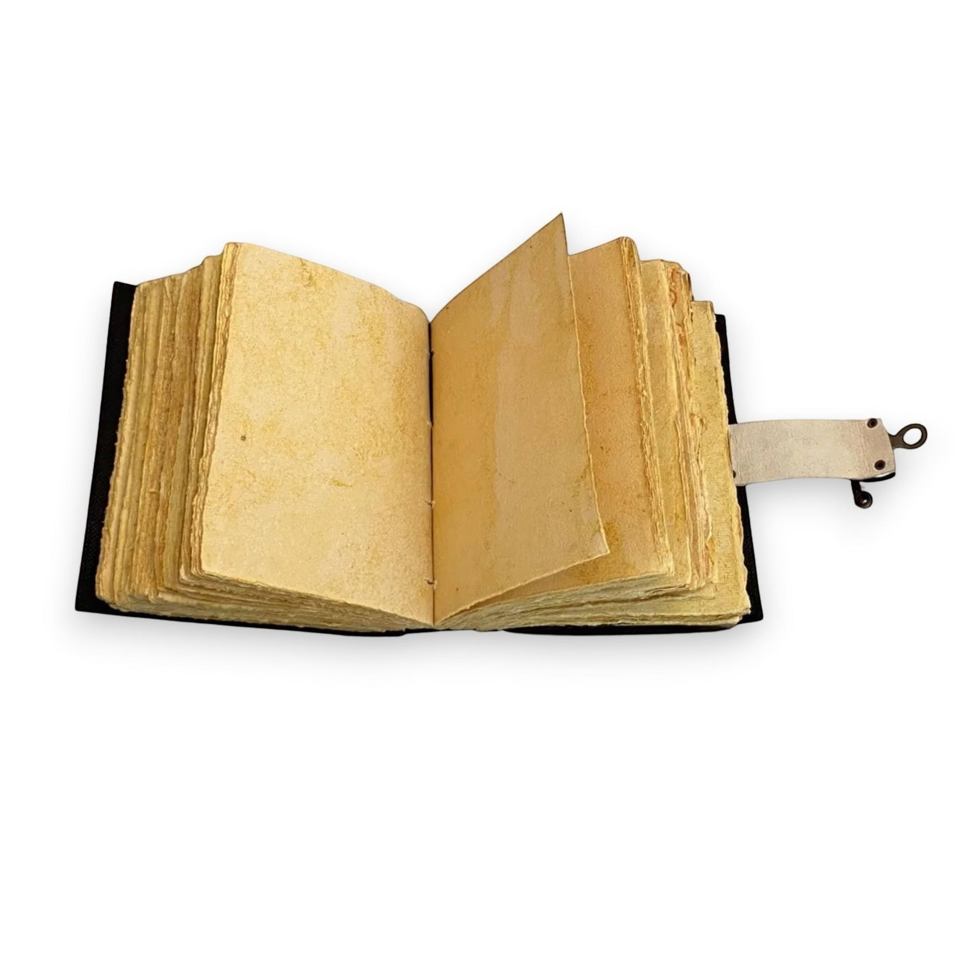 Mellow Monkey vintage brown leather spellbook with 200 pages of deckle edge paper and a strap closure.