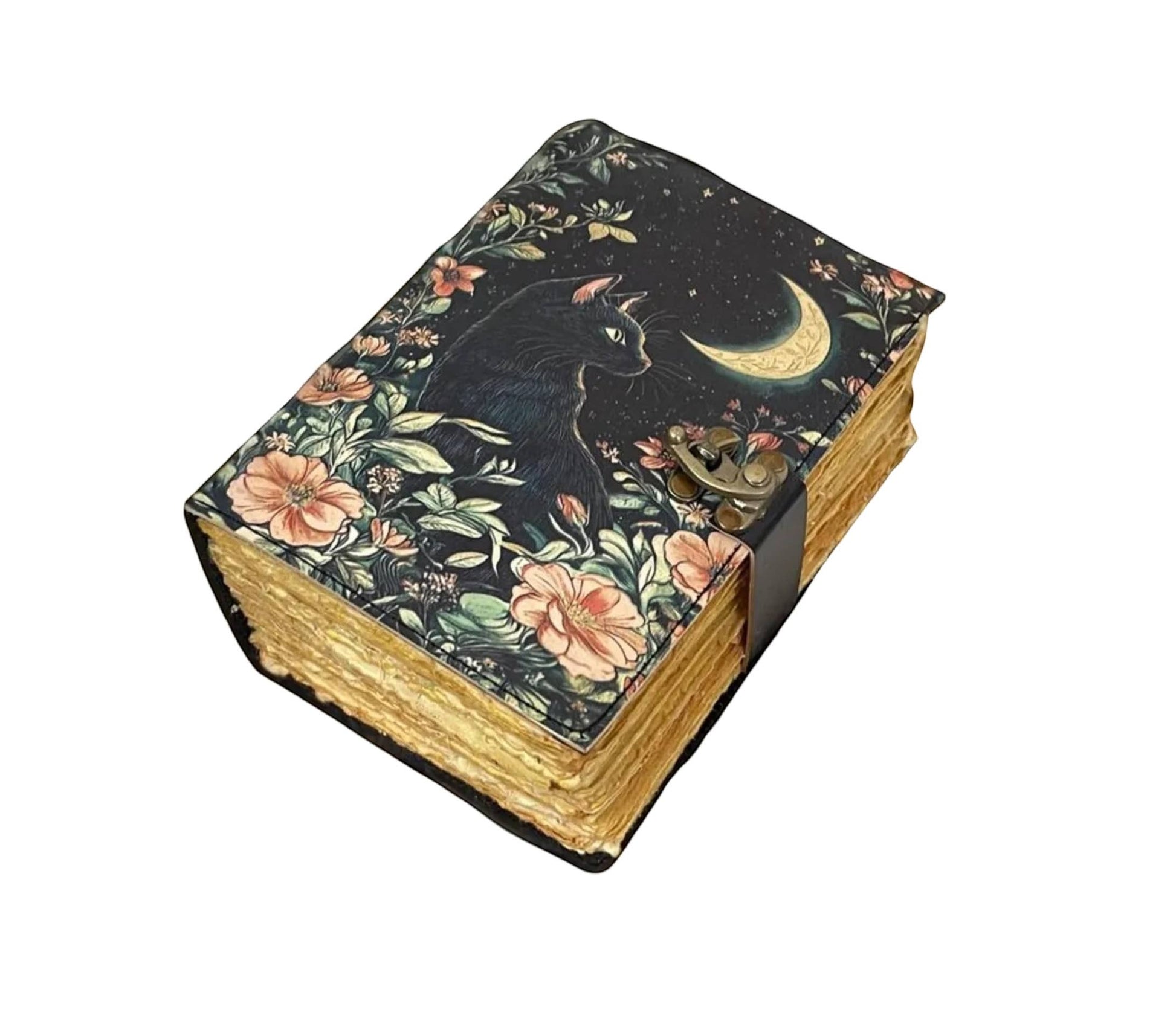 Mellow Monkey vintage leather spellbook with black cat, moon, and floral design. 5x7 inches, 200 pages.