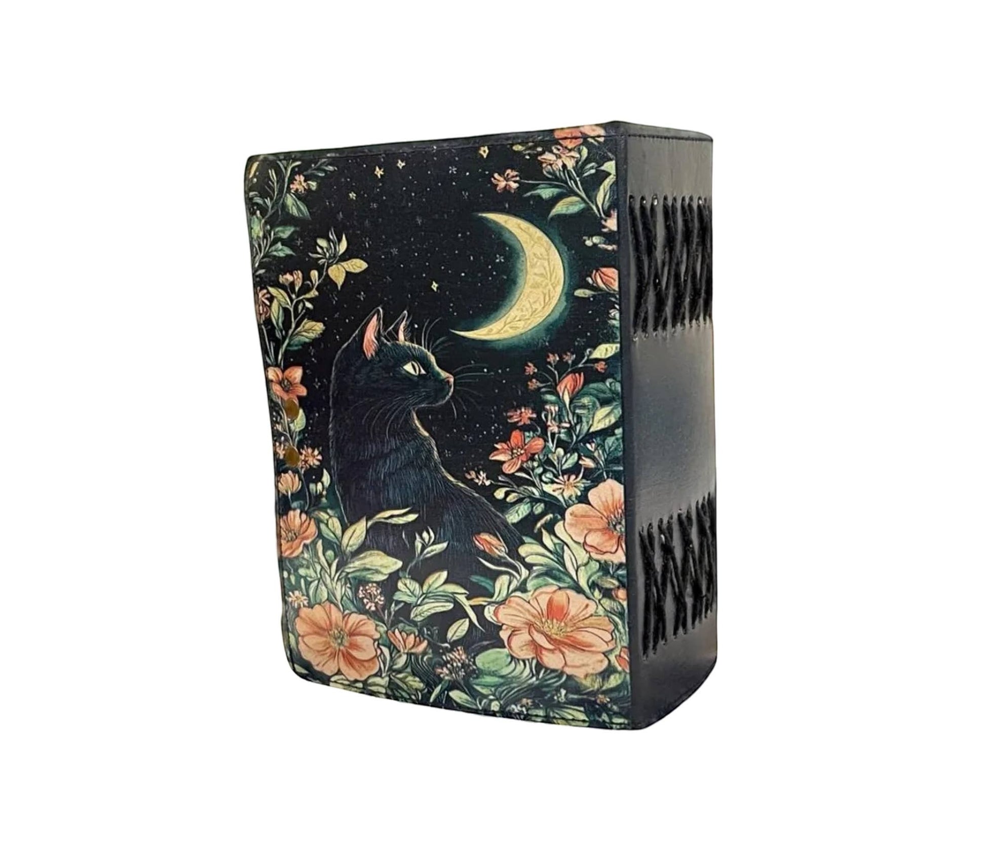 Mellow Monkey Vintage Leather Spellbook with black cat, moon, and floral design. 5x7 inches, 200 pages.