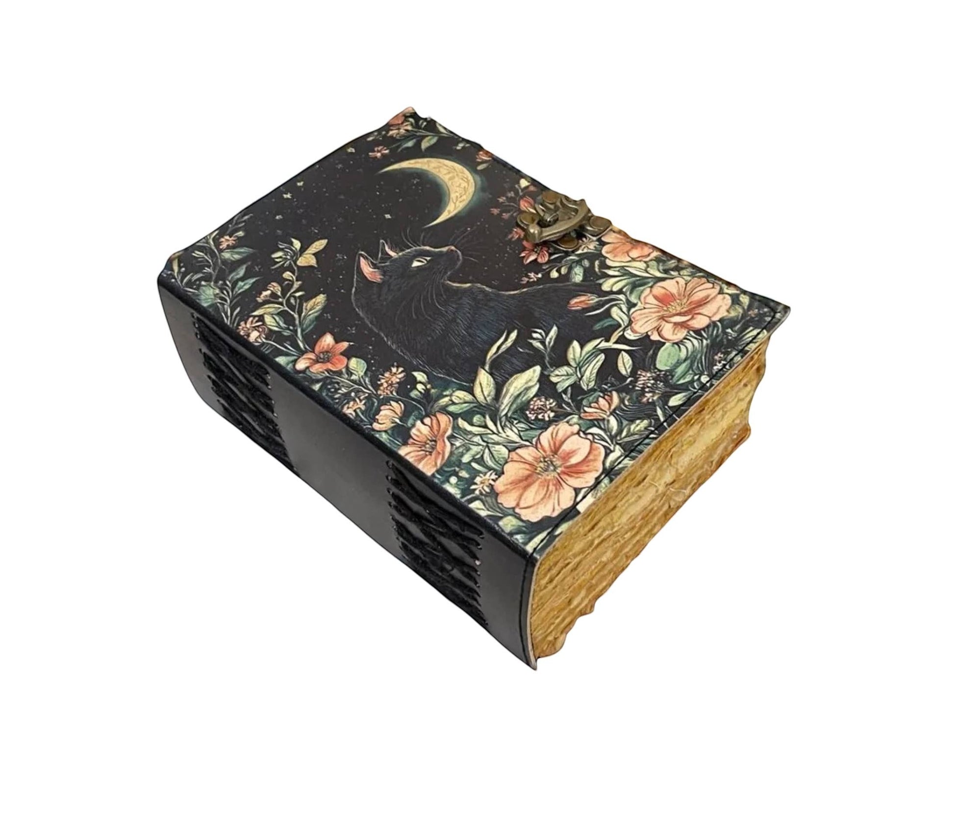 Mellow Monkey vintage goat leather spellbook with black cat and moon design, 200 pages, 5x7 inches.