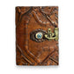Mellow Monkey vintage brown goat leather spellbook with a blue eye and brass clasp, 5x7 inches, 200 pages.