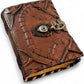 Mellow Monkey Vintage Leather Spellbook with an eye emblem and brass clasp. Brown leather with stitched detailing.