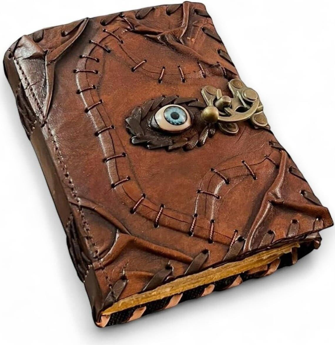 Mellow Monkey Vintage Leather Spellbook with an eye emblem and brass clasp. Brown leather with stitched detailing.
