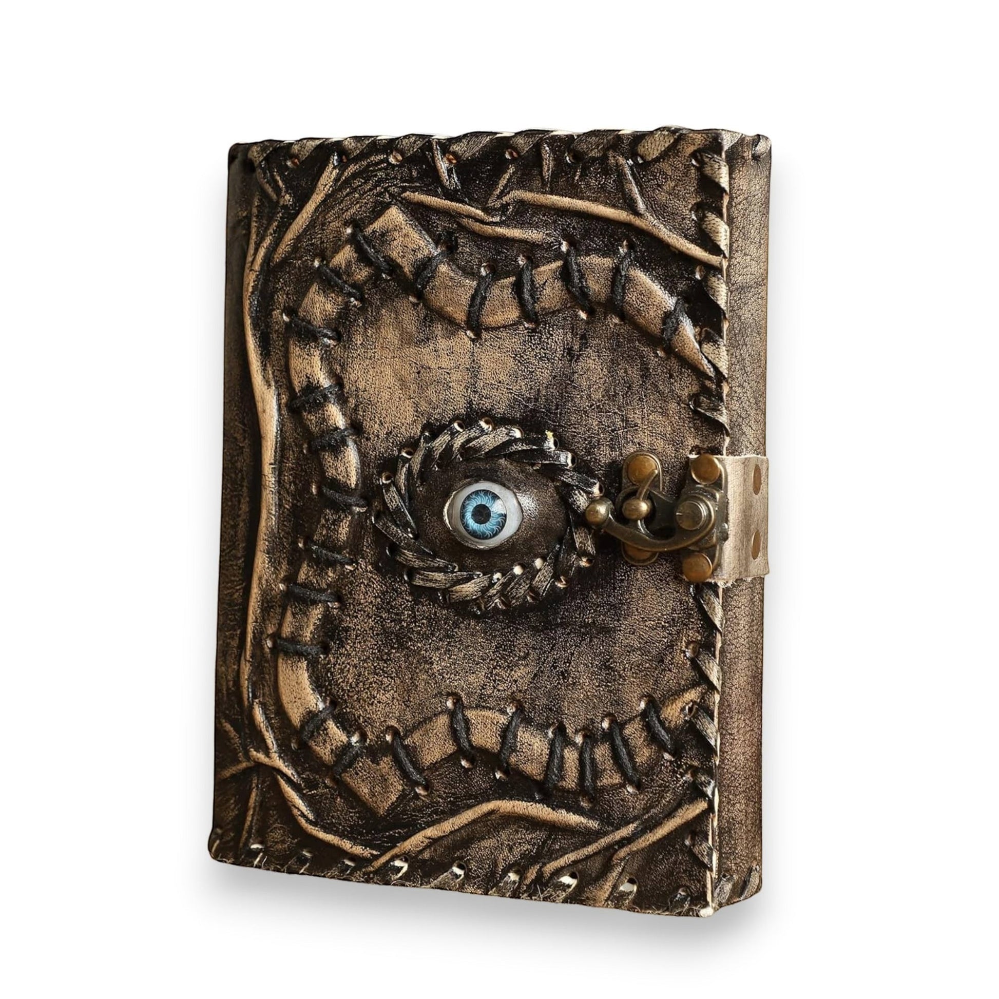 Mellow Monkey Vintage Leather Spellbook with an eye design and brass clasp. 5x7 inches, 200 pages.
