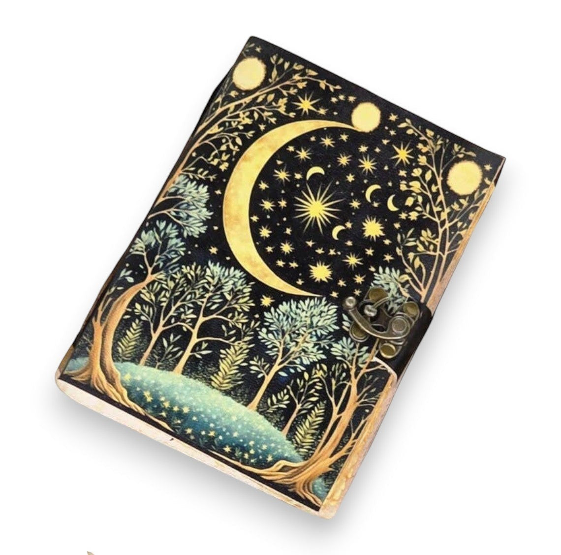 Mellow Monkey Moon and Stars vintage leather spellbook with celestial design and metal clasp. 5x7 inches, 200 pages.