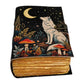 Mellow Monkey Vintage Leather Spellbook with wolf, moon, stars, mushrooms, and ferns. 5x7 inches, 200 pages.