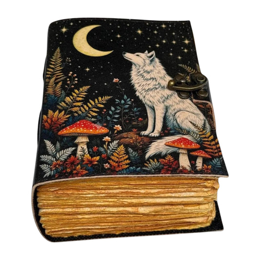 Mellow Monkey Vintage Leather Spellbook with wolf, moon, stars, mushrooms, and ferns. 5x7 inches, 200 pages.