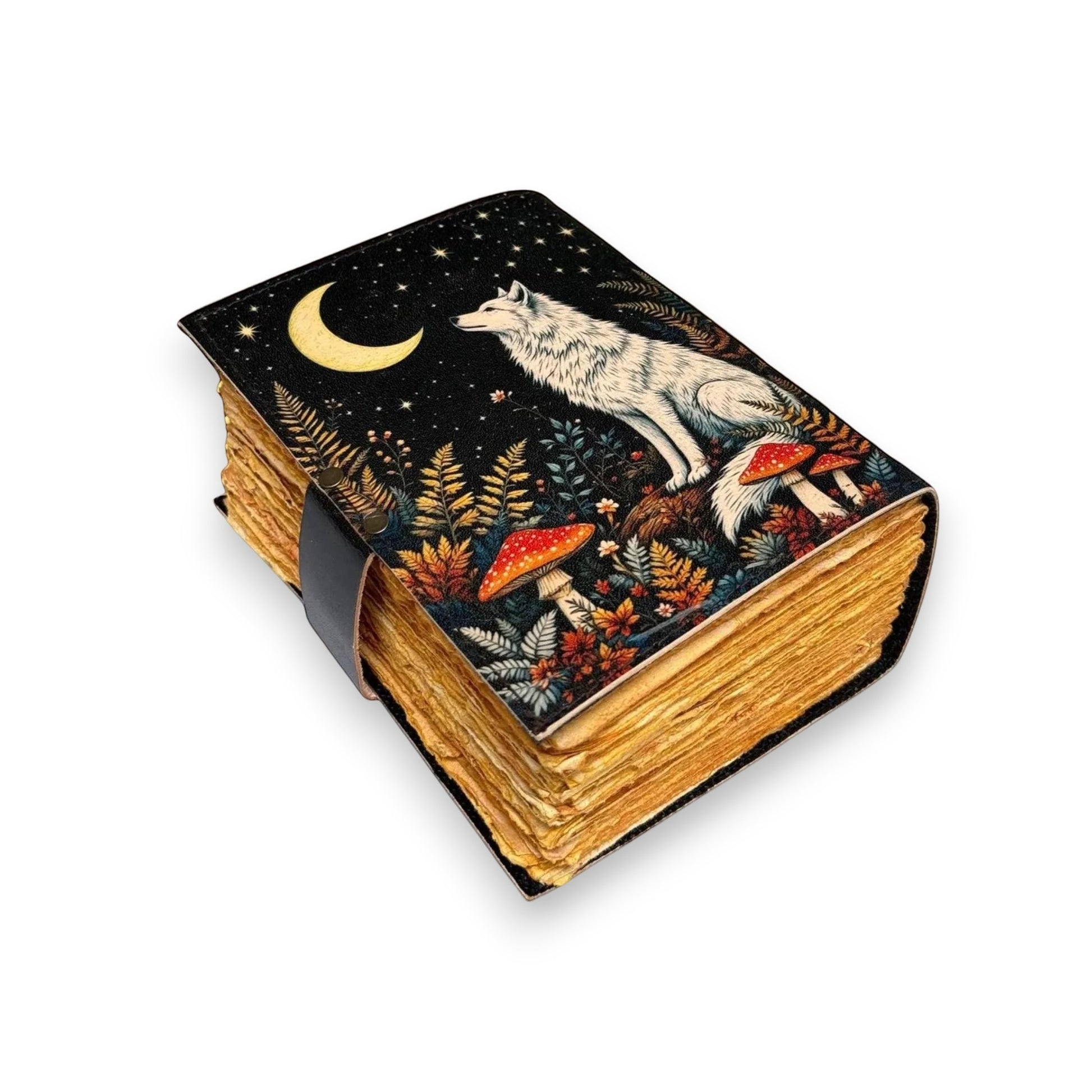 Mellow Monkey Vintage Leather Spellbook with wolf, moon, mushrooms, and starry night design. 5x7 inches.