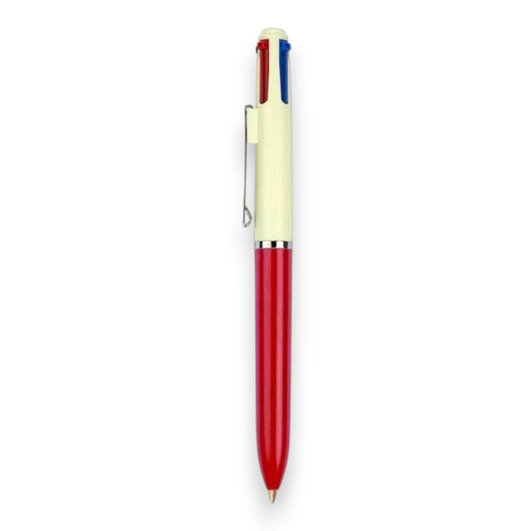 Mellow Monkey vintage multi-pen set with cream, blue, and red barrels featuring four retractable ink colors.