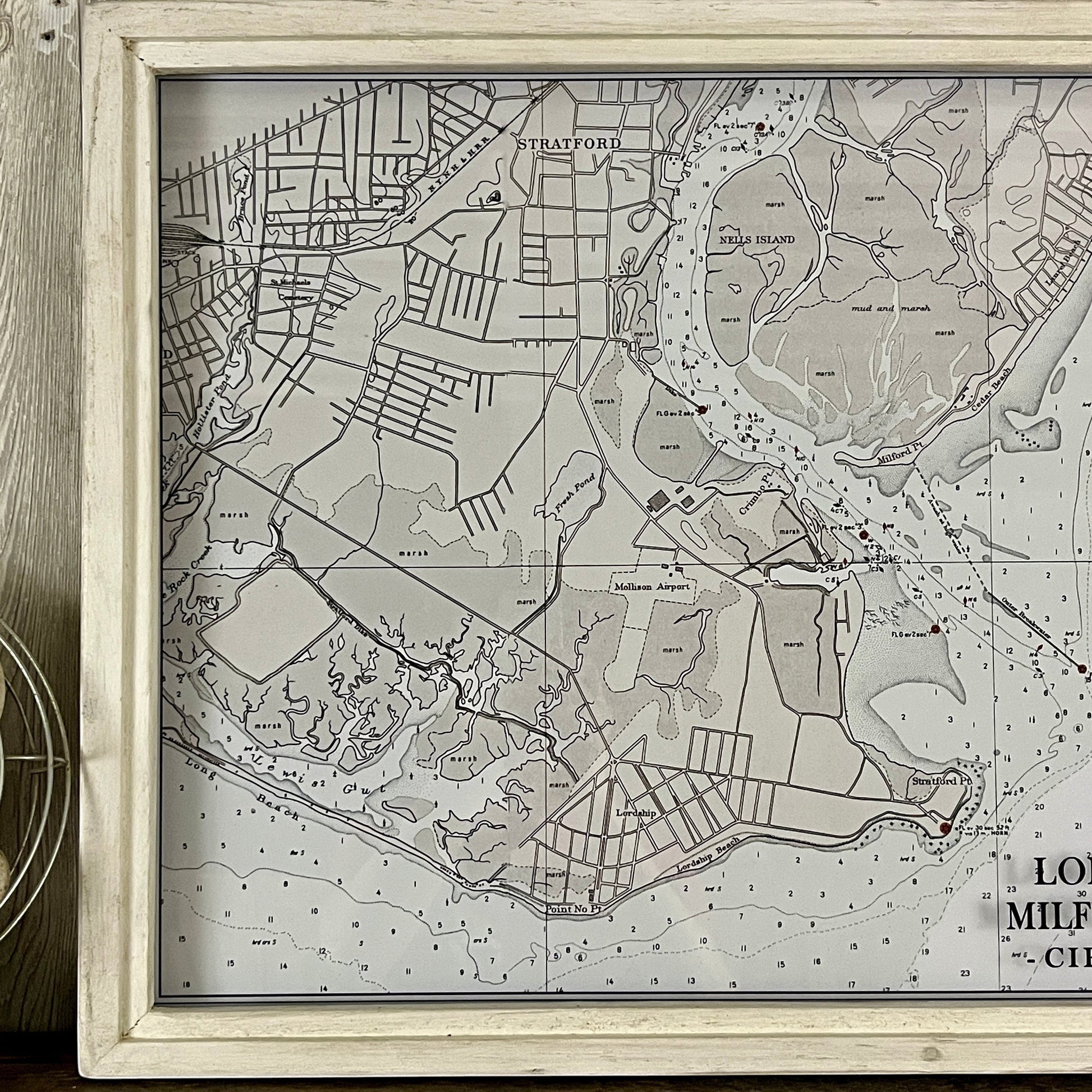 Mellow Monkey vintage 1940s nautical map of Stratford and Milford in a white reclaimed wood shadowbox frame.