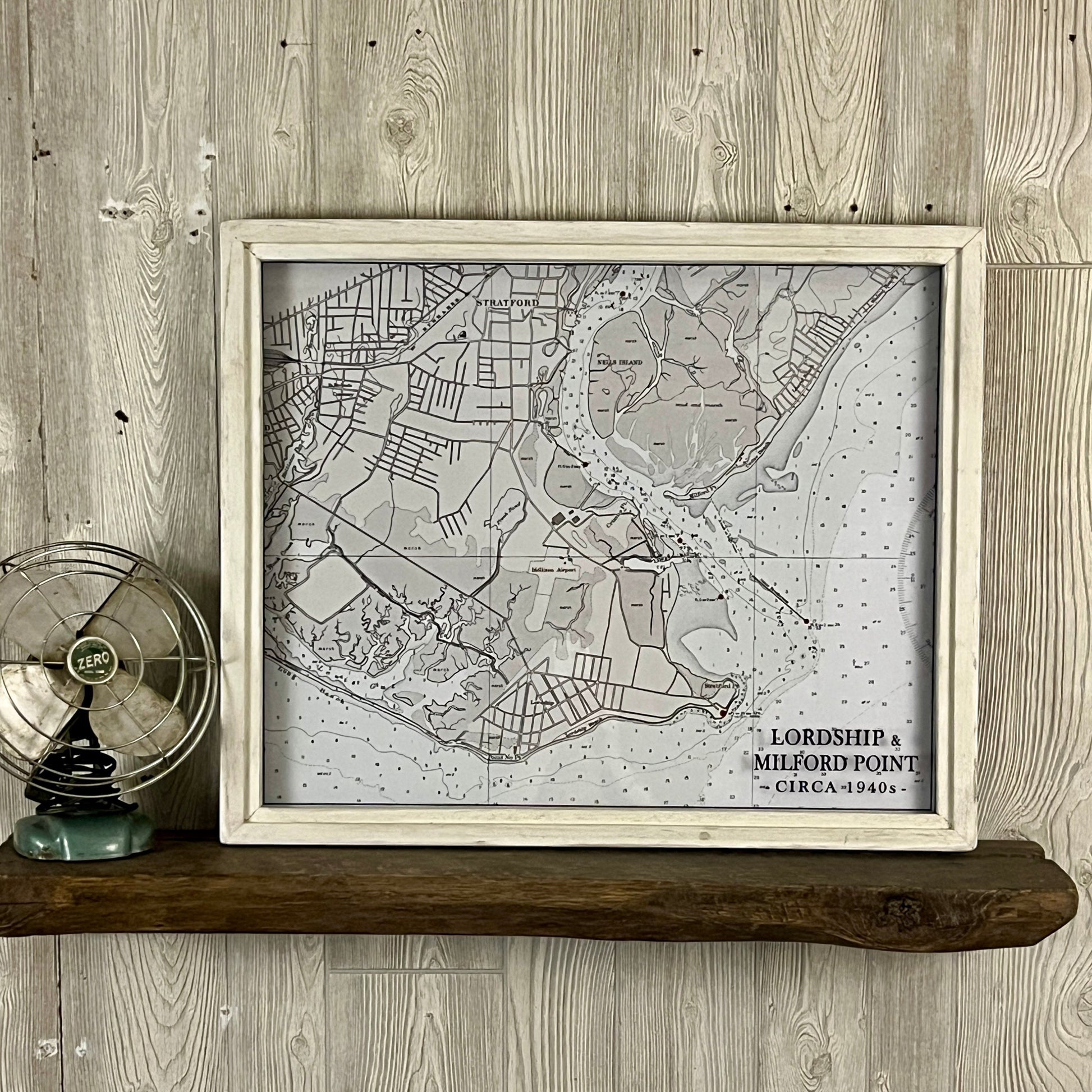 Mellow Monkey vintage 1940s nautical map of Lordship and Milford Point in a white reclaimed wood shadowbox frame.